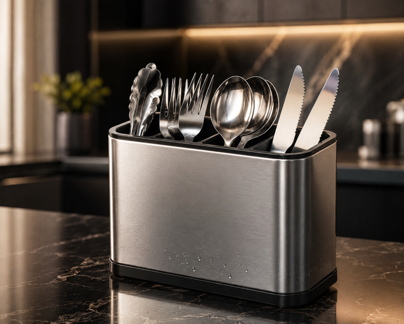 Flovio stainless steel cutlery organizer on dark marble counter
